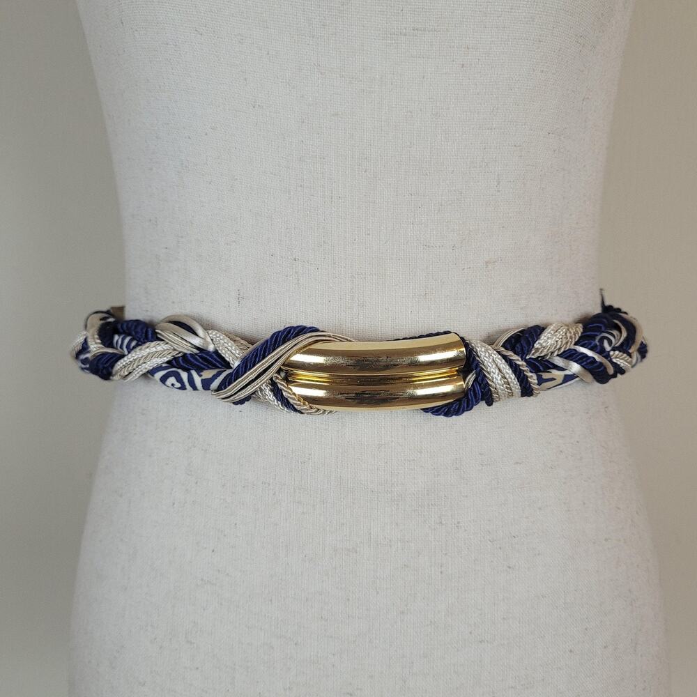 VTG Ginnie Johansen Belt OS Blue Geometric Braided Gold Buckle‎ Boho Statement